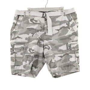 Ecko Unltd Cargo Shorts Mens 46 White-Gray Camouflage Belted Utility Cotton